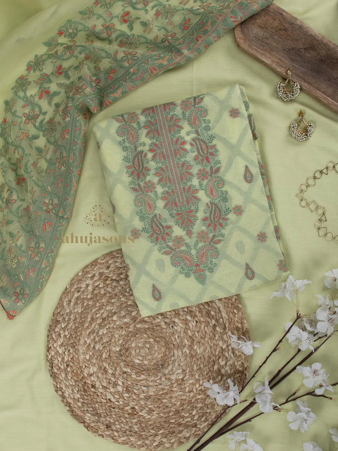 Cotton silk suit with zari weaving