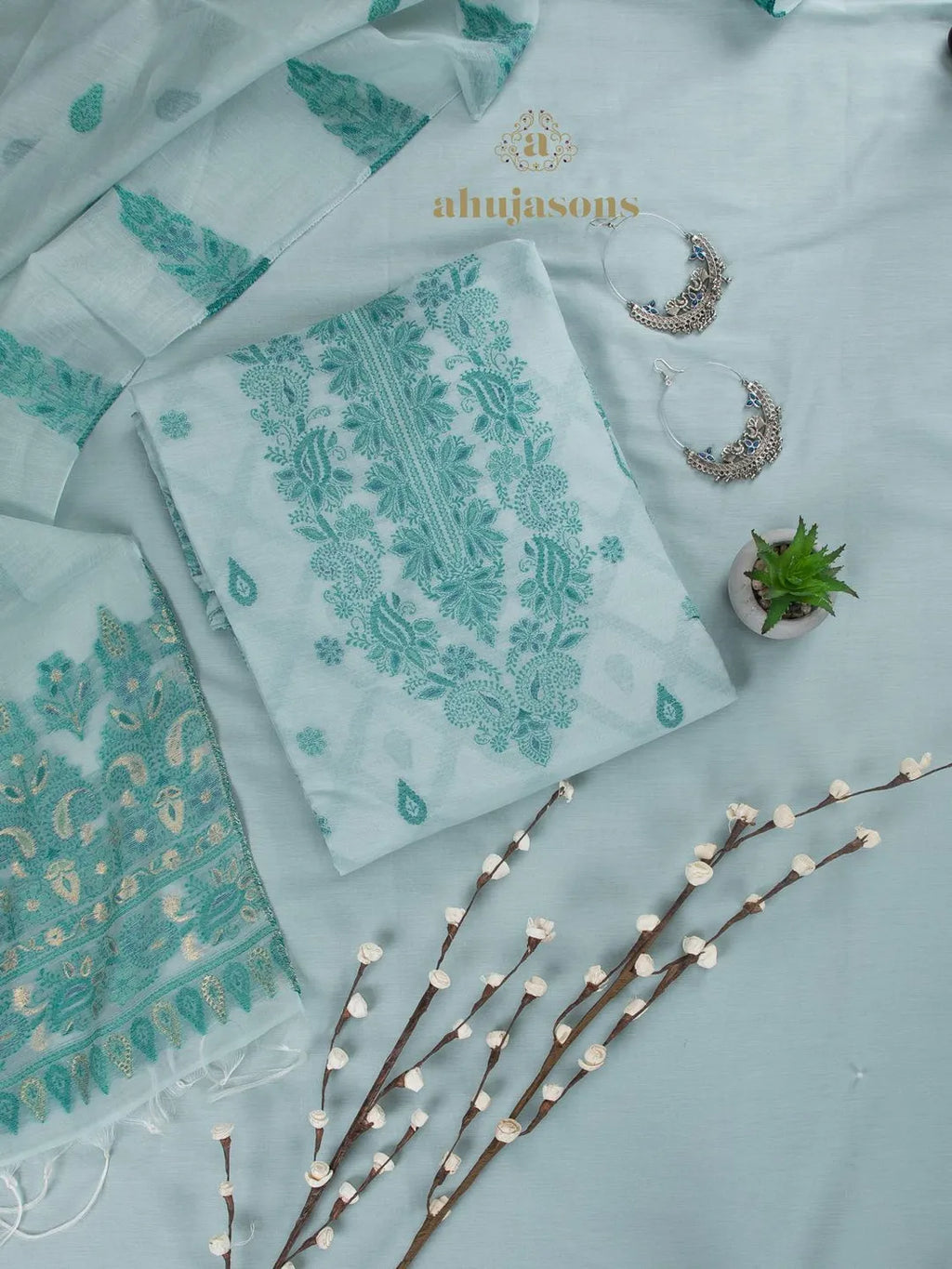 Classic Sea Green Cotton silk suit with zari weaving Drapery