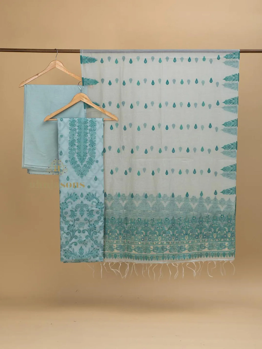 Classic Sea Green Cotton silk suit with zari weaving Drapery