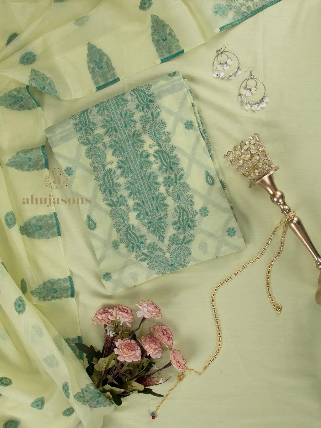 Cotton silk suit with zari weaving