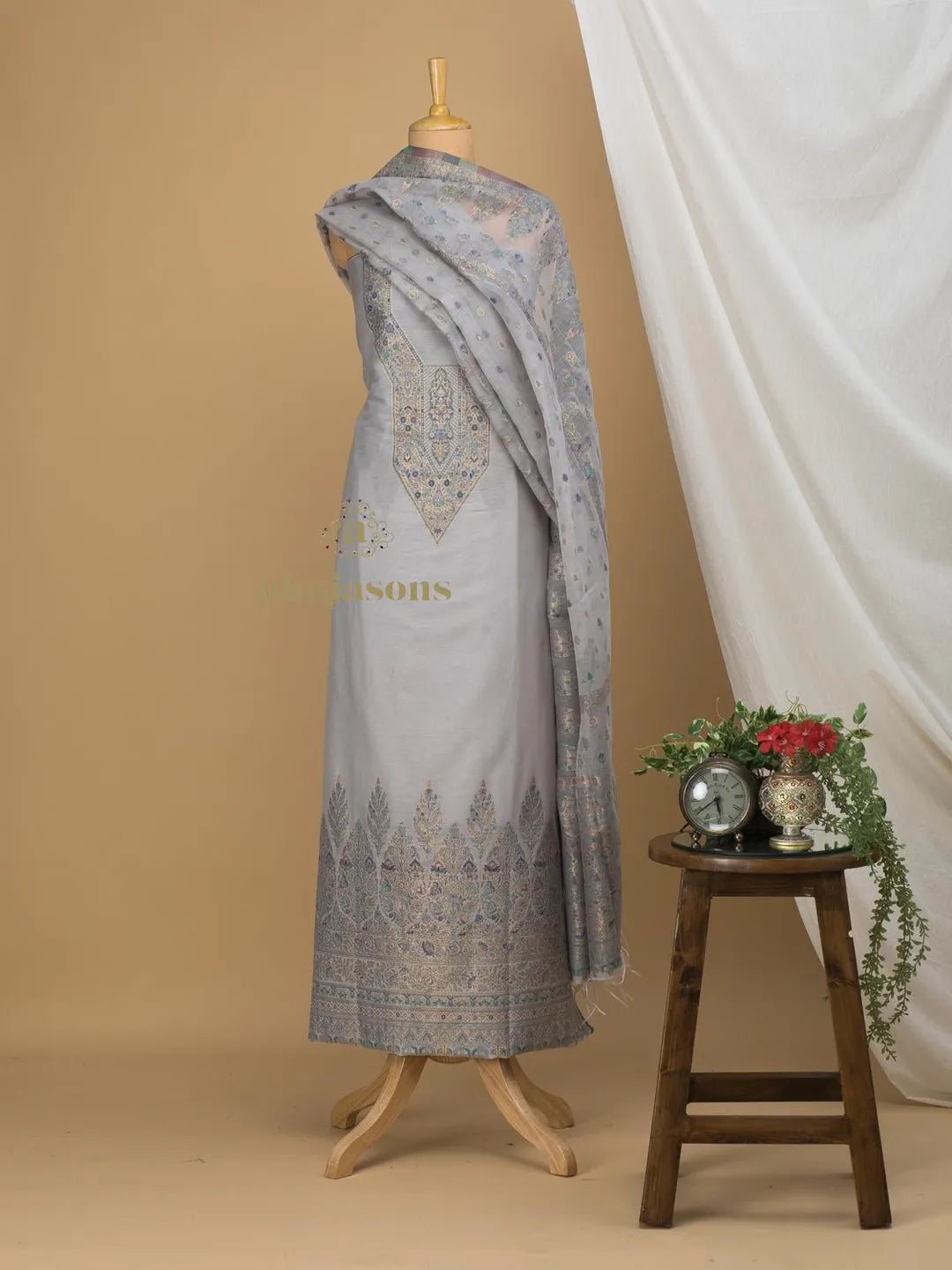 Artisan Grey Cotton silk suit with zari weaving Masterpiece