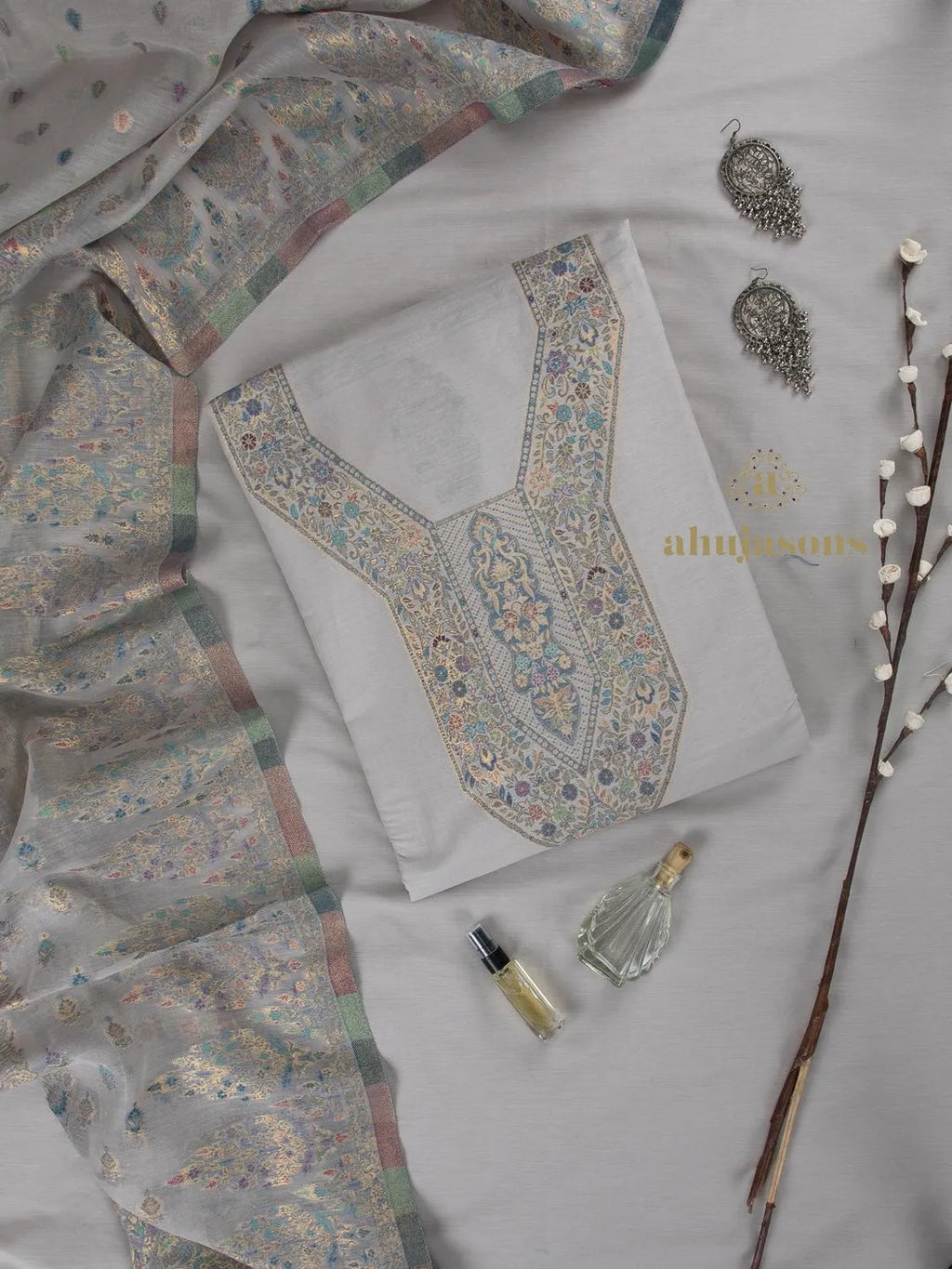 Artisan Grey Cotton silk suit with zari weaving Masterpiece