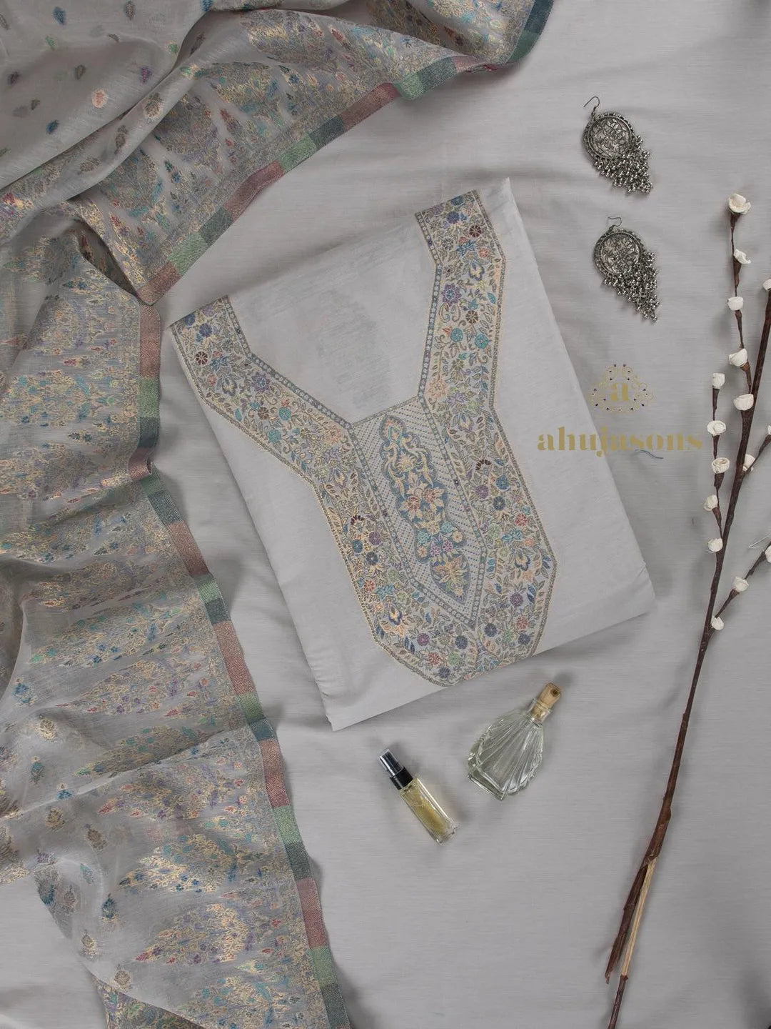 Artisan Grey Cotton silk suit with zari weaving Masterpiece