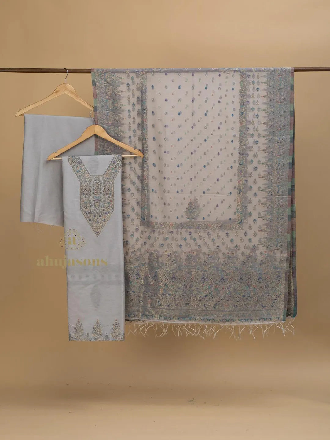 Artisan Grey Cotton silk suit with zari weaving Masterpiece