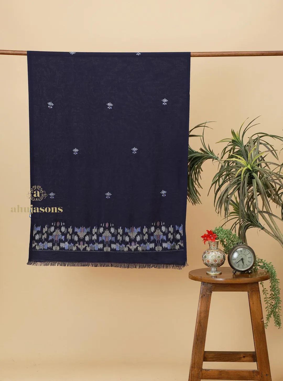 Elegant Stole Wool Blend with Dobby Pattern in Blue