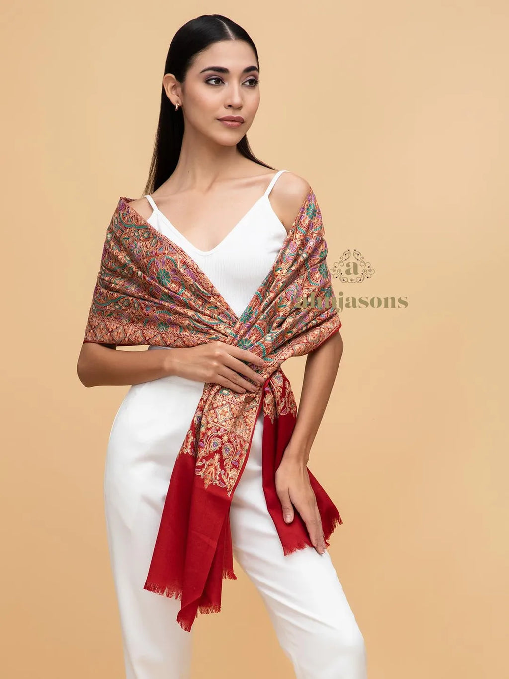 Elegant Stole Wool Blend with Border Embroidery Pattern in Red
