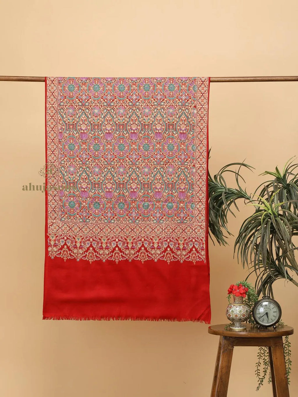Elegant Stole Wool Blend with Border Embroidery Pattern in Red