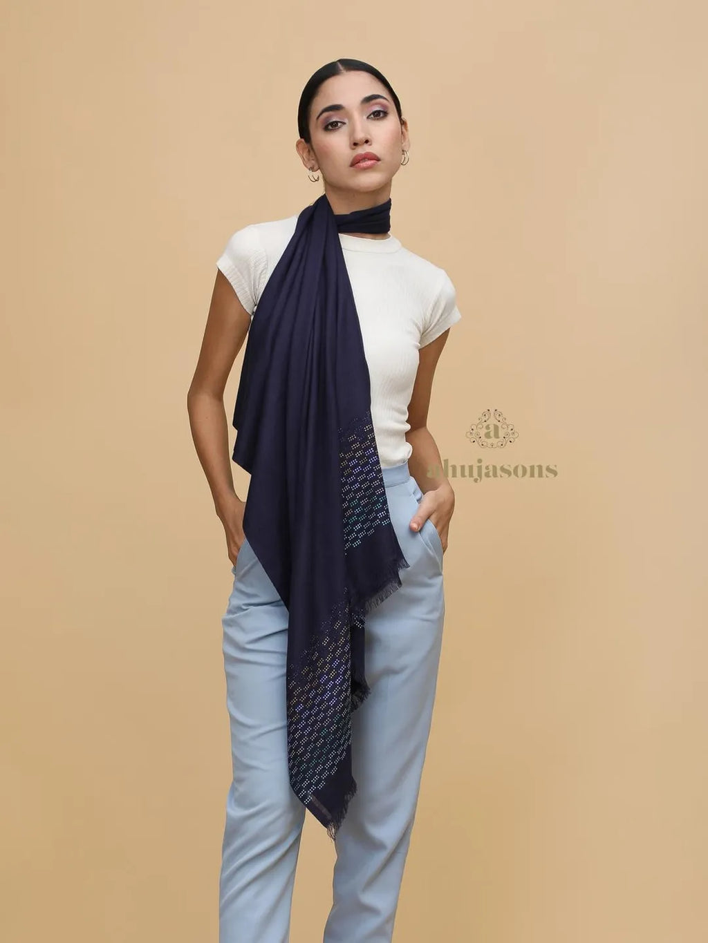 Elegant Stole Wool Blend with Dobby Pattern in Blue