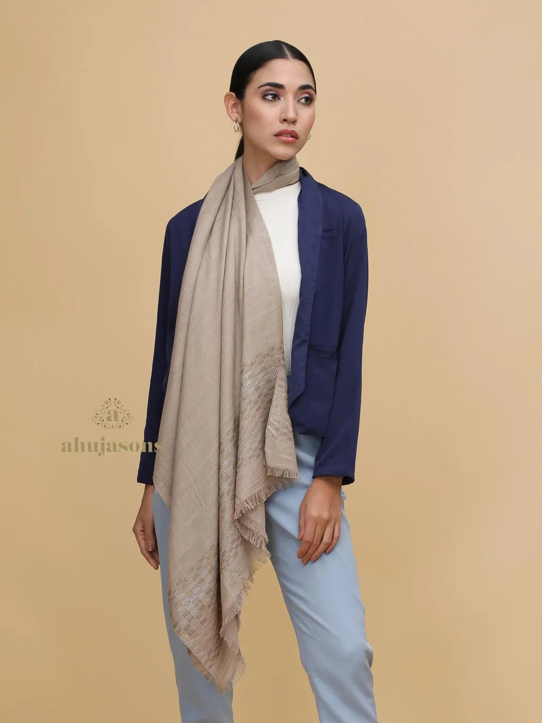 Chic Stole Wool Blend with Dobby Pattern in Beige