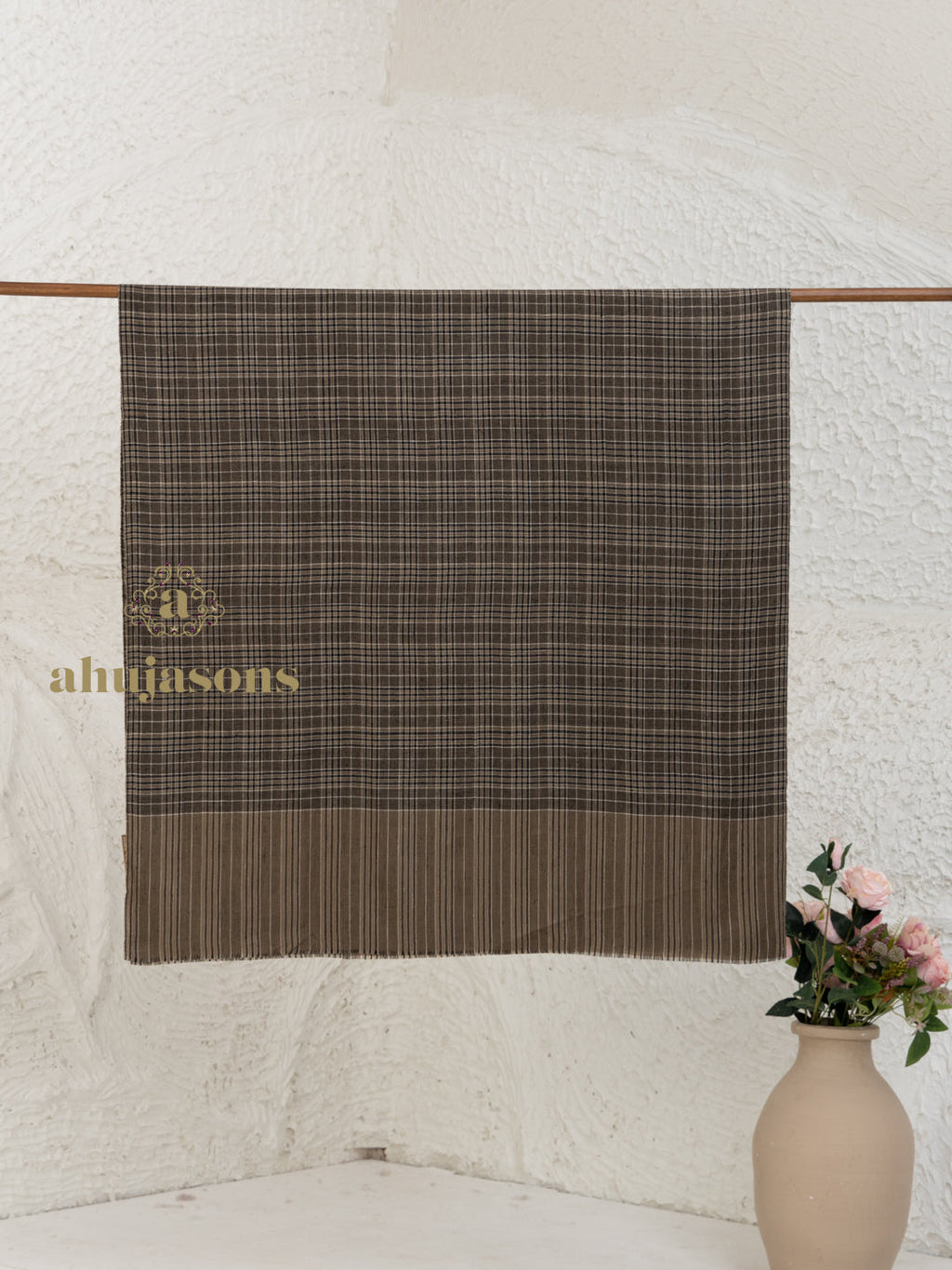 Brown Handloom Pure Pashmina Shawl with signature Stripe detailing