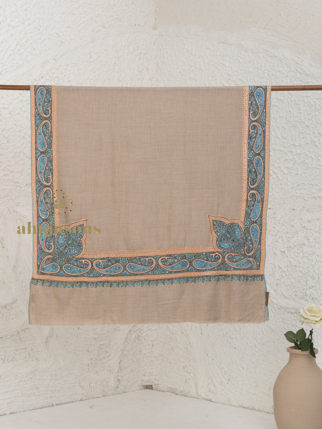 Beige Handloom Pure Pashmina Shawl in a delicate Border Embroidery