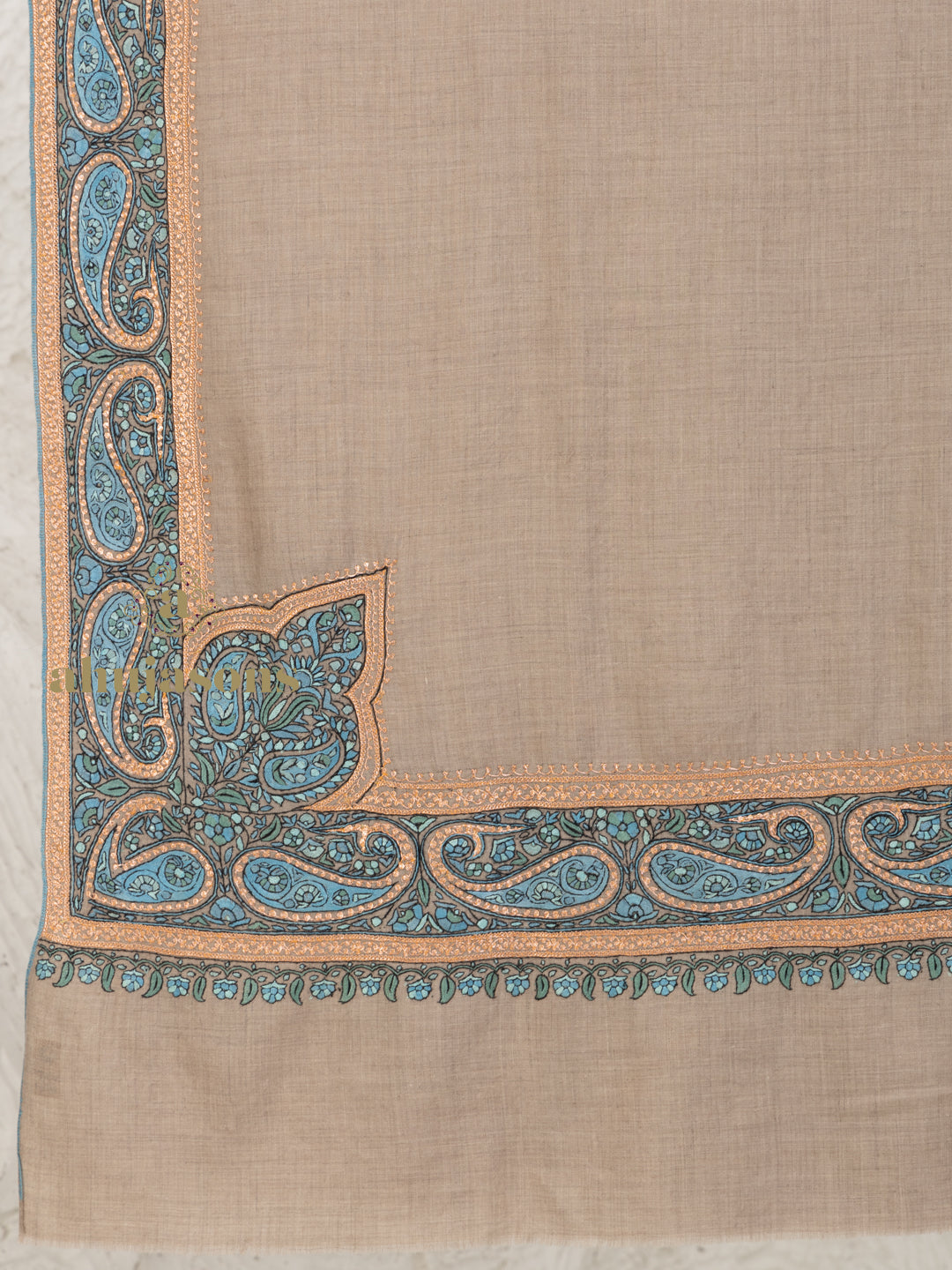 Beige Handloom Pure Pashmina Shawl in a delicate Border Embroidery