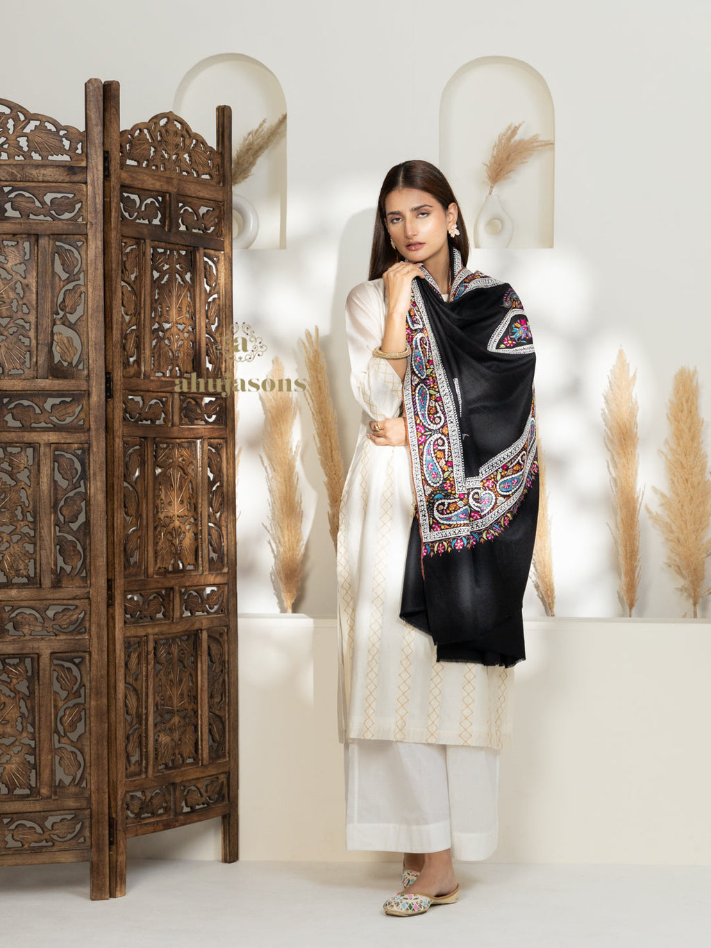 Black Handloom Pure Pashmina Shawl — Paper Mache Jaal Embroidery in ornate finish