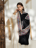 Black Handloom Pure Pashmina Shawl — Paper Mache Jaal Embroidery in ornate finish
