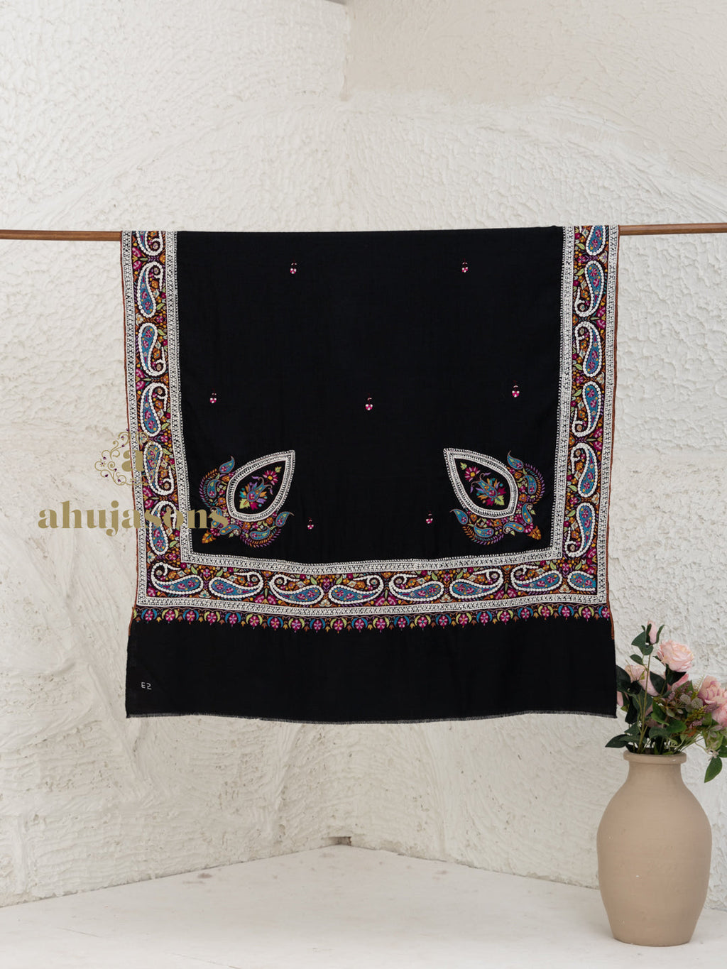 Black Handloom Pure Pashmina Shawl — Paper Mache Jaal Embroidery in ornate finish