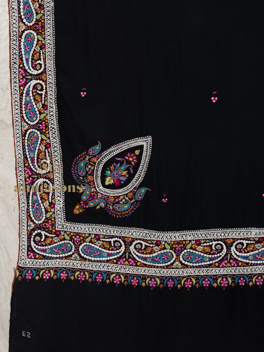Black Handloom Pure Pashmina Shawl — Paper Mache Jaal Embroidery in ornate finish