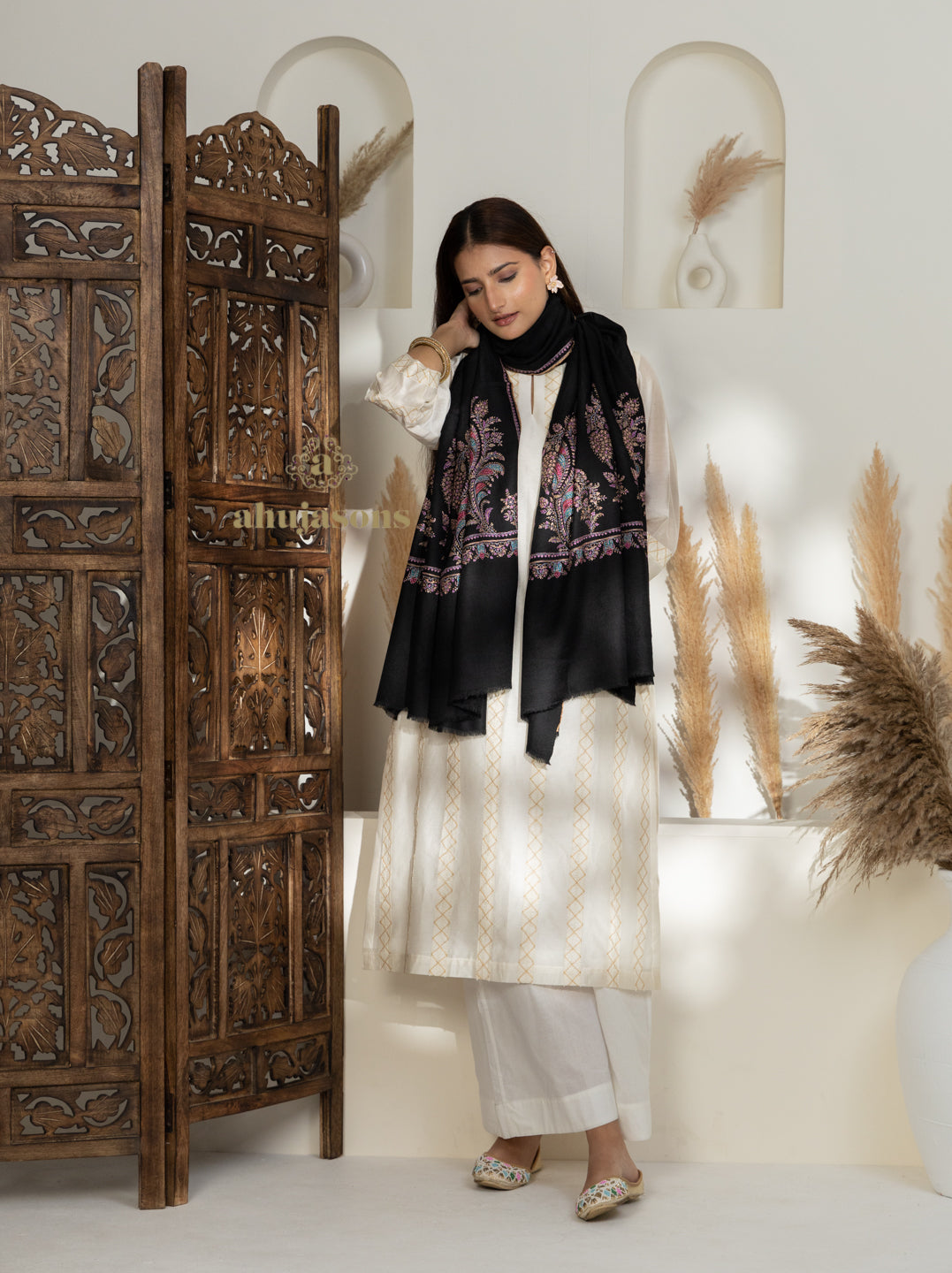 Black Handloom Pure Pashmina Shawl featuring Reshamdaar Palla Embroidery