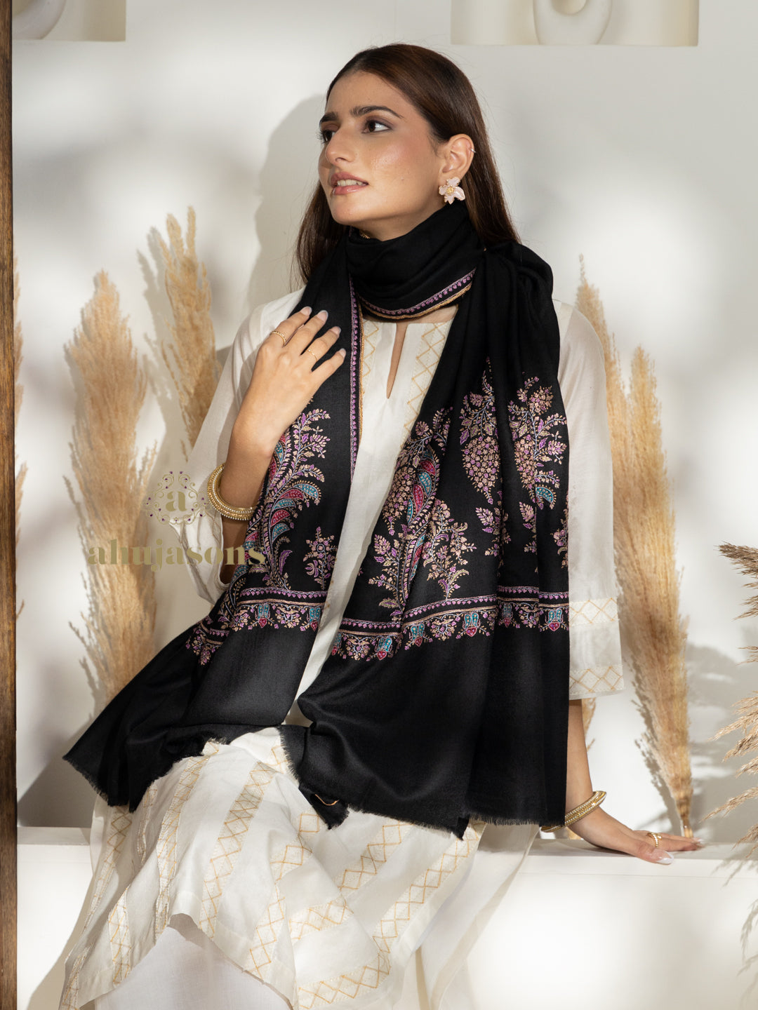 Black Handloom Pure Pashmina Shawl featuring Reshamdaar Palla Embroidery