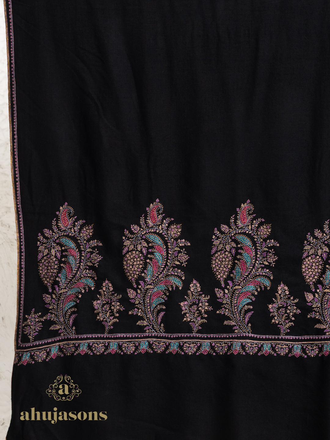 Black Handloom Pure Pashmina Shawl featuring Reshamdaar Palla Embroidery
