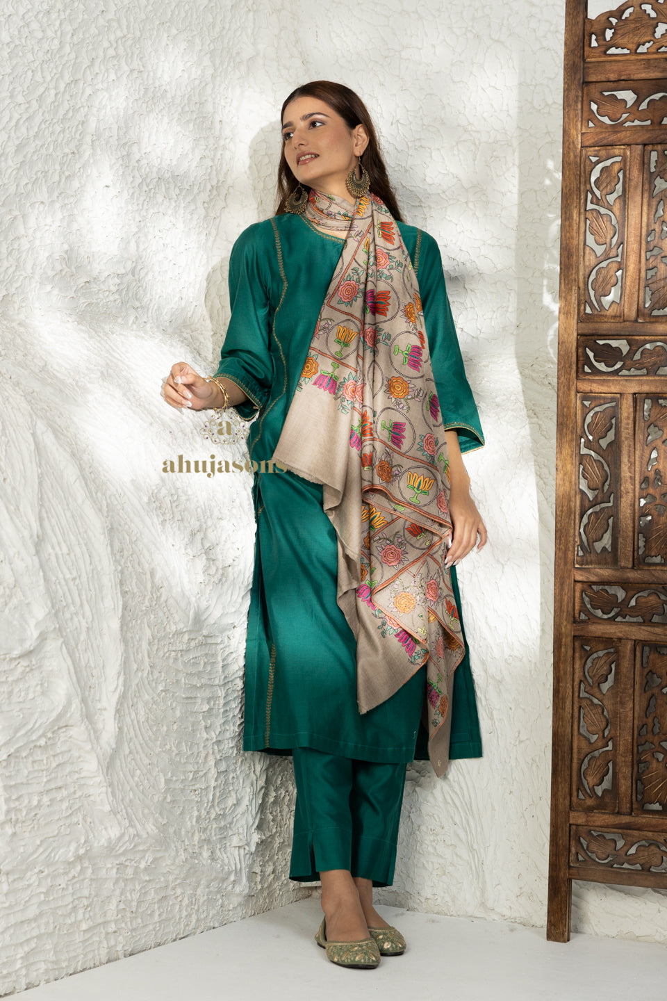 Beige Handloom Pure Pashmina Shawl with elegant Paper Mache Jaal Embroidery