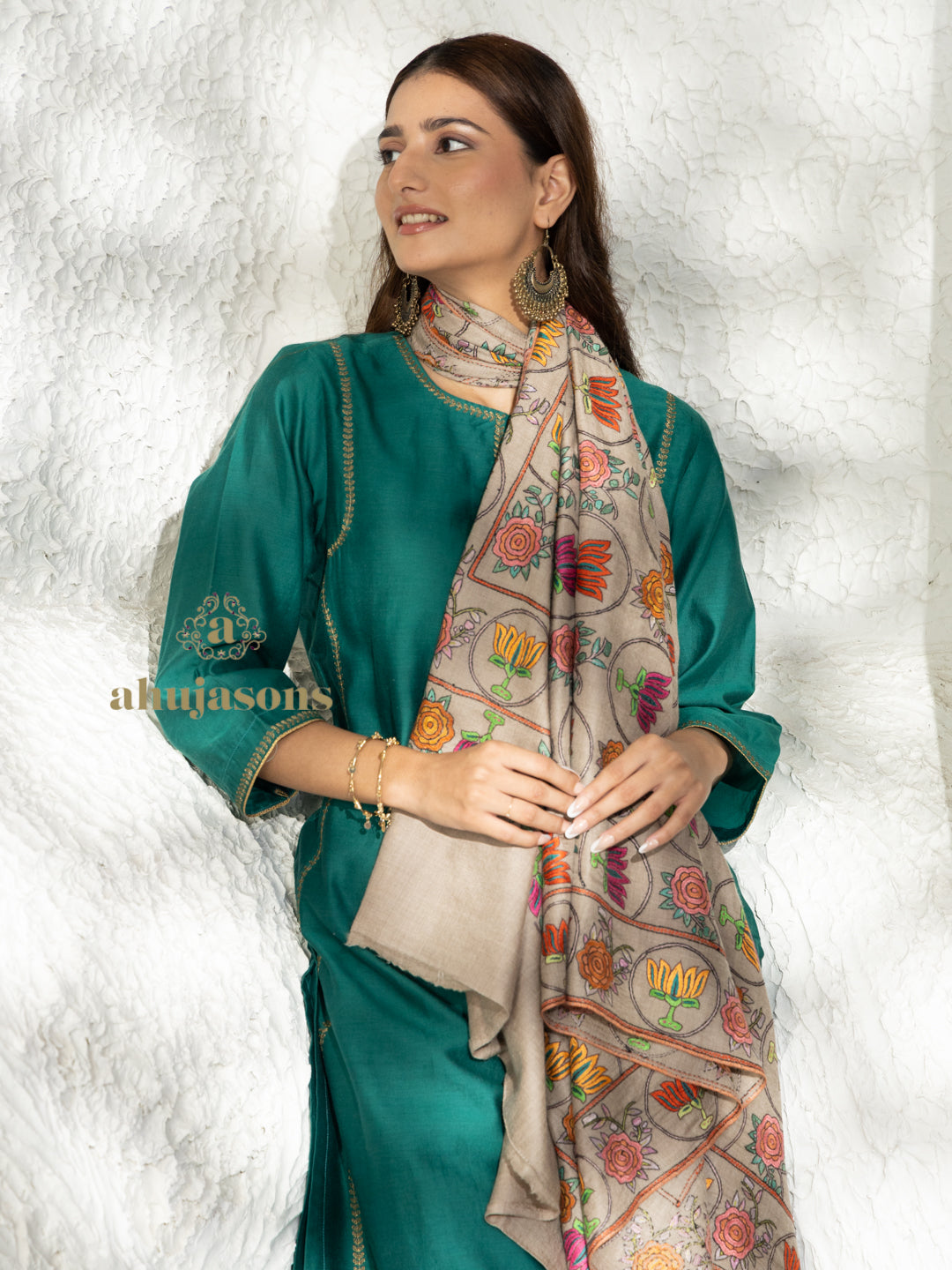 Beige Handloom Pure Pashmina Shawl with elegant Paper Mache Jaal Embroidery