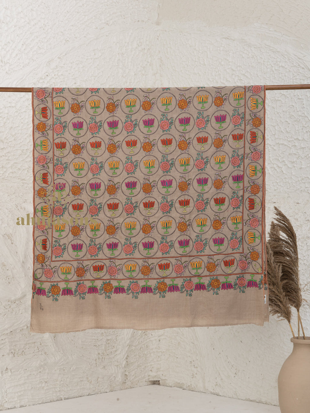 Beige Handloom Pure Pashmina Shawl with elegant Paper Mache Jaal Embroidery