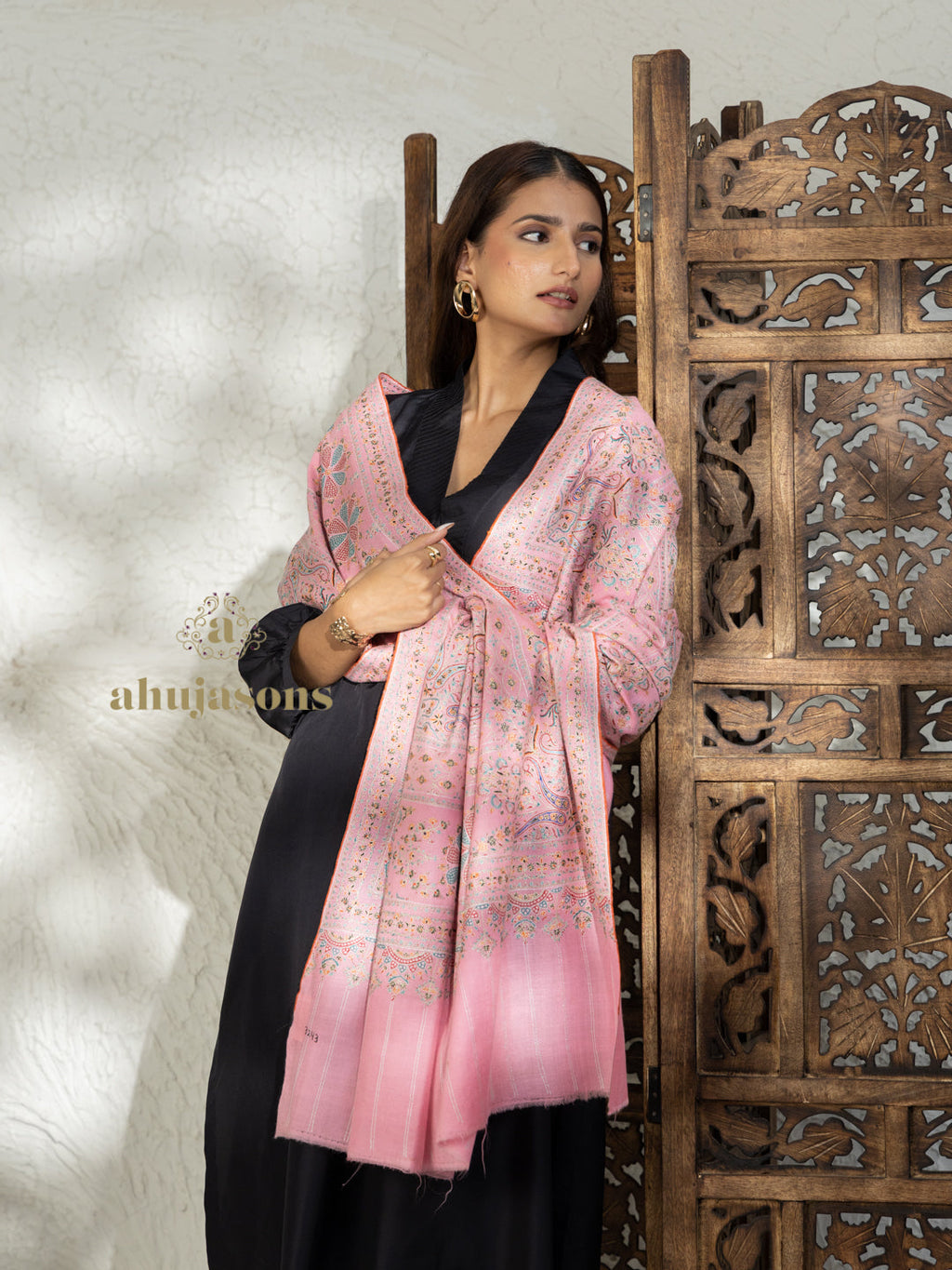 Baby Pink Handloom Pure Pashmina Shawl — Jama in intricate finish