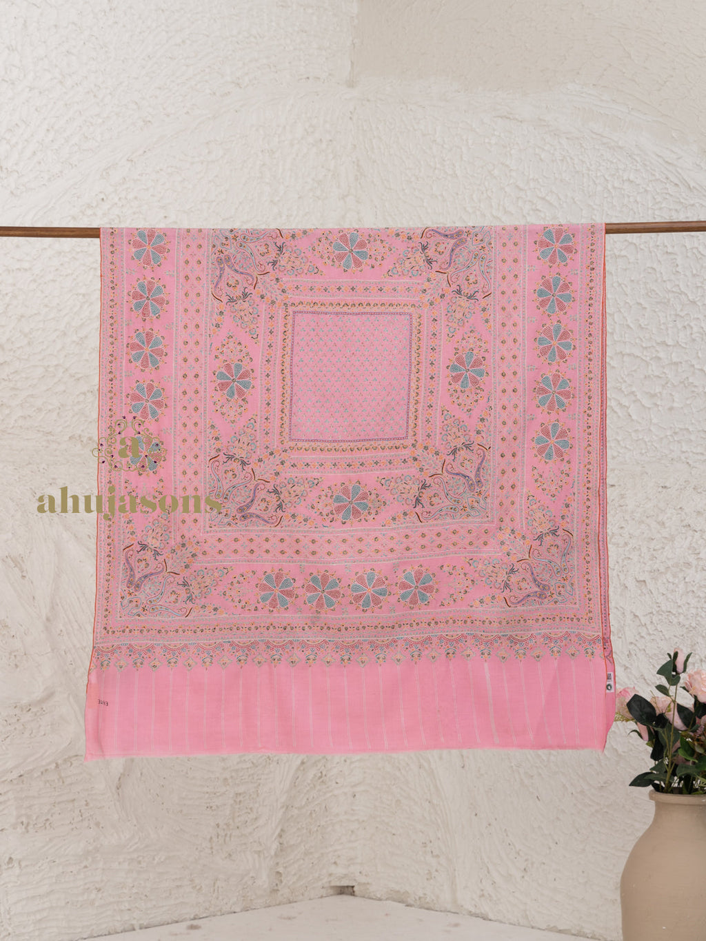 Baby Pink Handloom Pure Pashmina Shawl — Jama in intricate finish