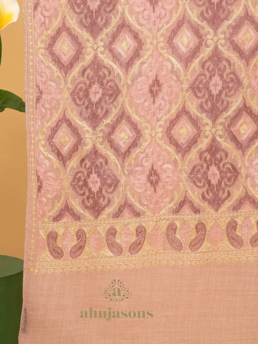 Elegant Stole Wool Blend with Kalamkari Embroidery Pattern in Pink