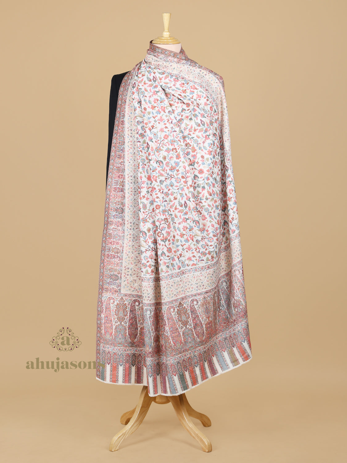 Classic Shawl Wool Blend with Kaani Pattern in Ivory