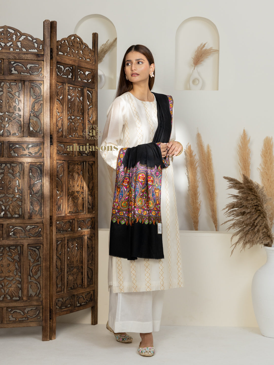 Black Handloom Pure Pashmina Shawl with ornate Gulaabdaar Embroidery