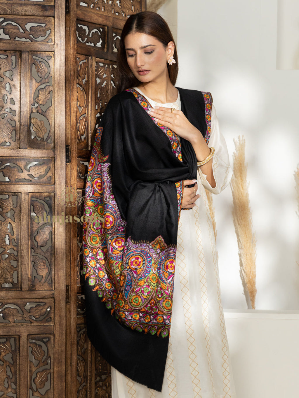 Black Handloom Pure Pashmina Shawl with ornate Gulaabdaar Embroidery