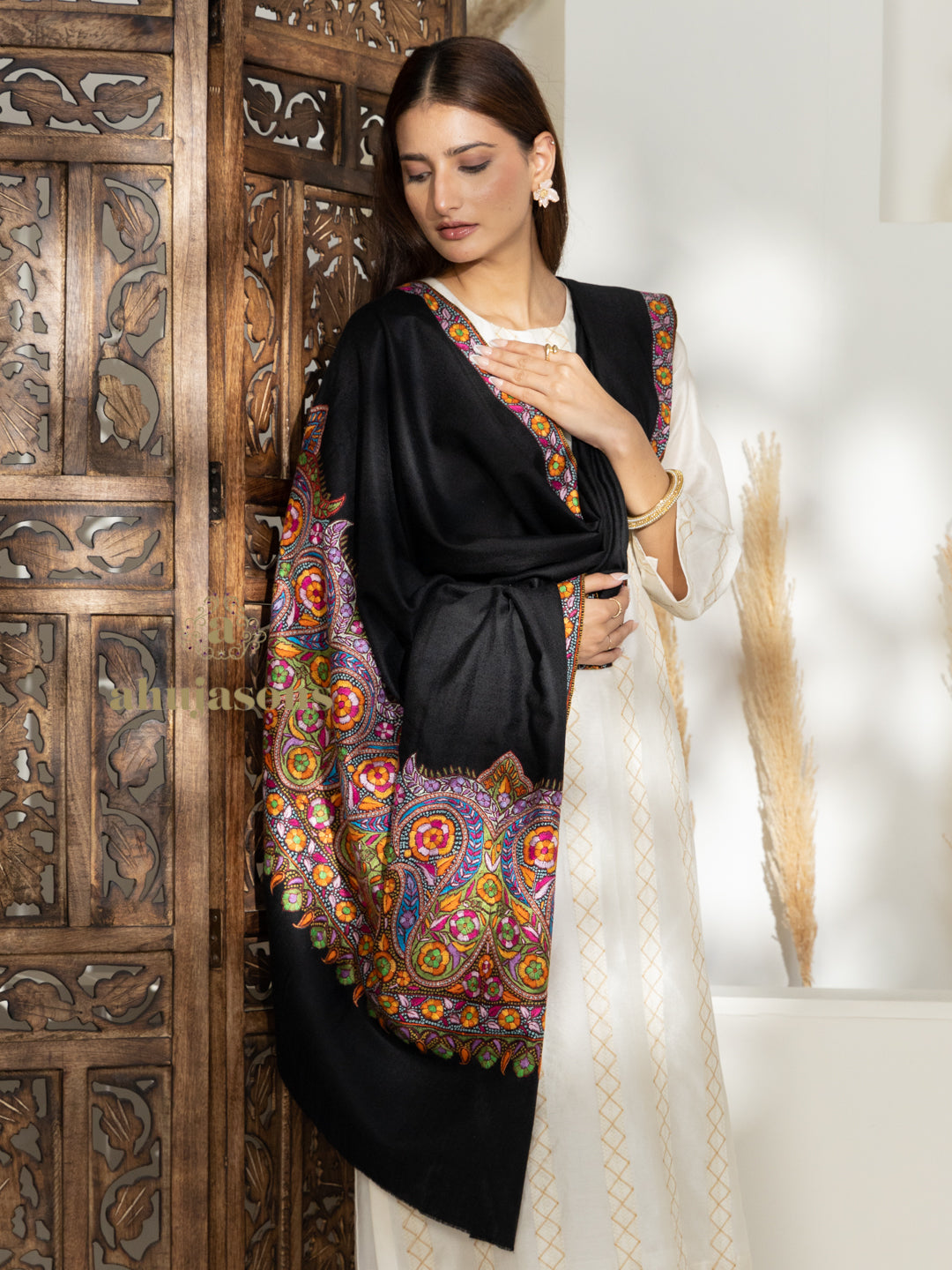 Black Handloom Pure Pashmina Shawl with ornate Gulaabdaar Embroidery