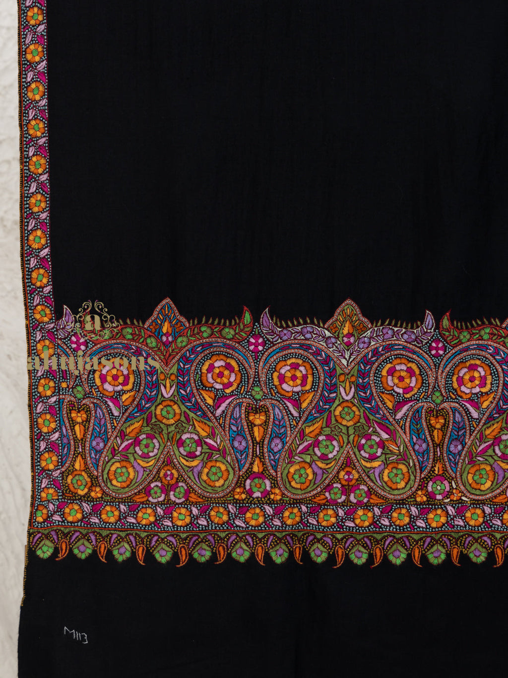 Black Handloom Pure Pashmina Shawl with ornate Gulaabdaar Embroidery