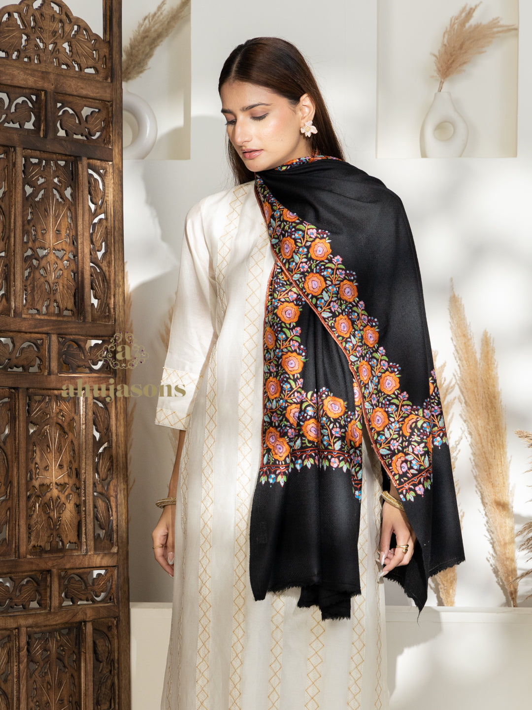 Black Handloom Pure Pashmina Shawl in a delicate Paper Mache Jaal Embroidery detailing