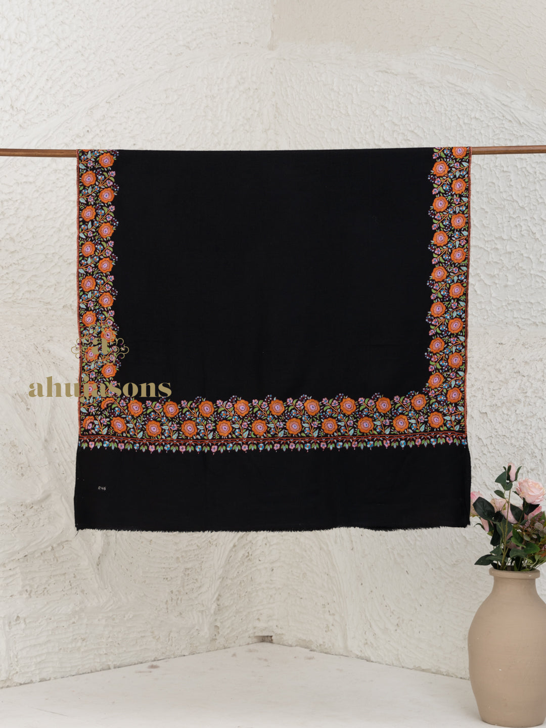 Black Handloom Pure Pashmina Shawl in a delicate Paper Mache Jaal Embroidery detailing