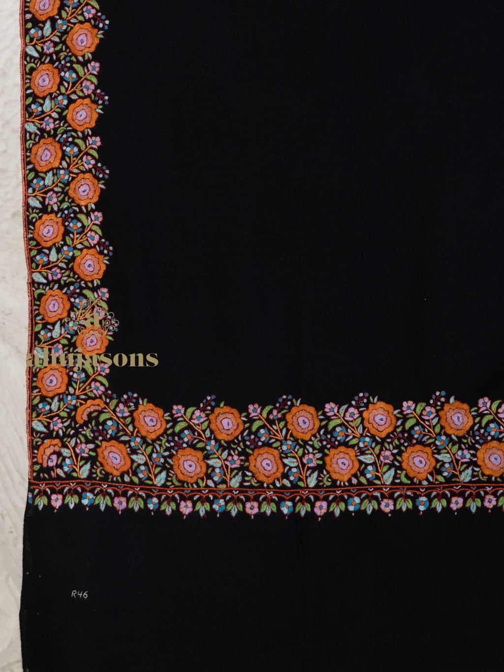 Black Handloom Pure Pashmina Shawl in a delicate Paper Mache Jaal Embroidery detailing