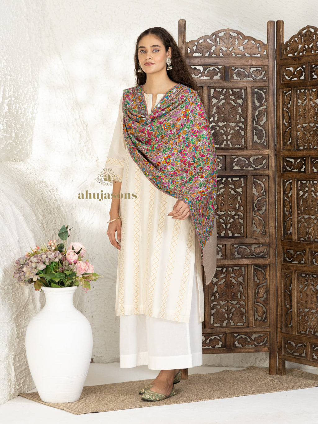 Beige Pashmina Stole accented by Jama