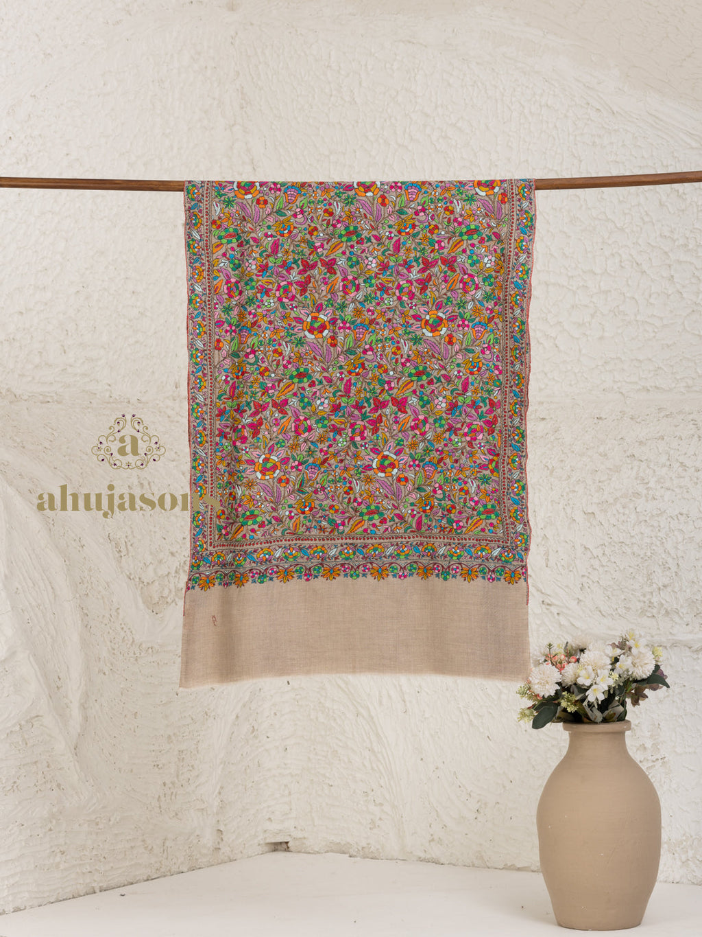 Beige Pashmina Stole accented by Jama