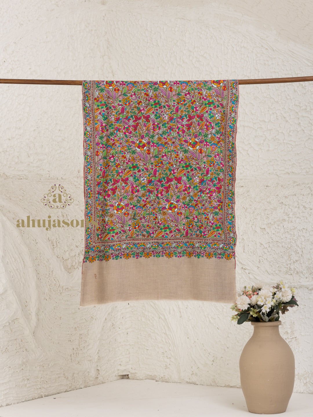 Beige Pashmina Stole accented by Jama