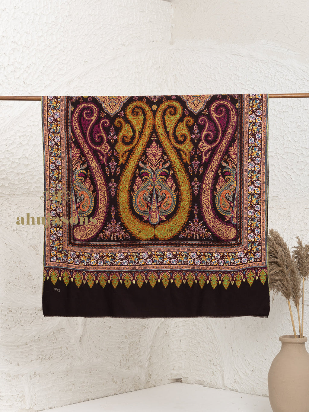 Black Handloom Pure Pashmina Shawl featuring delicate Paper Mache Jaal Embroidery