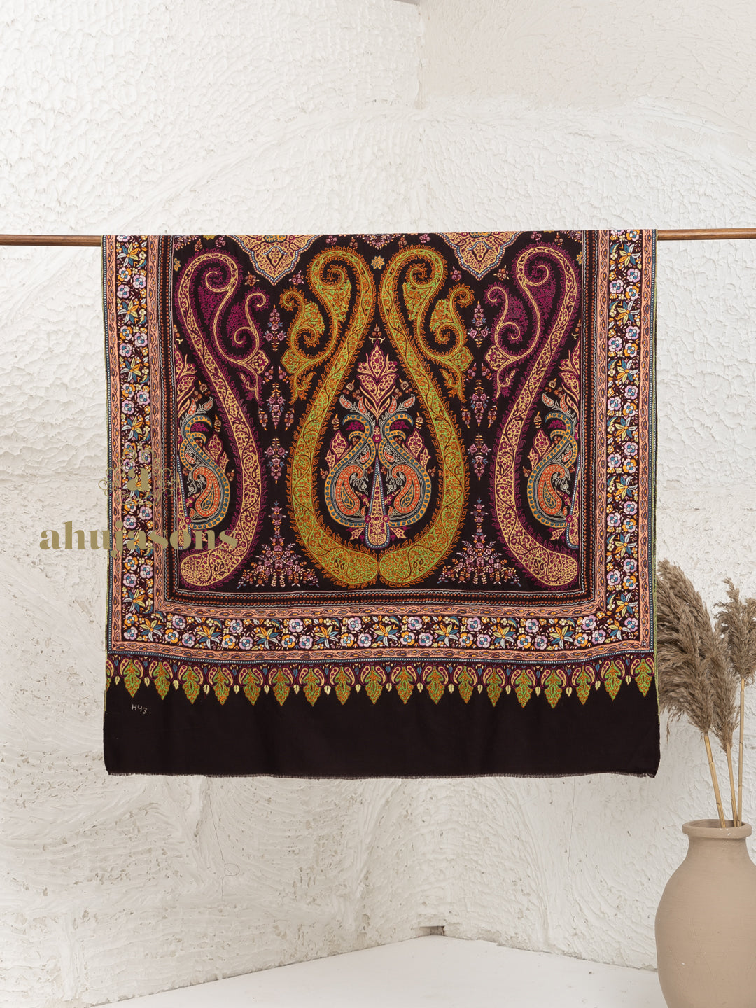 Black Handloom Pure Pashmina Shawl featuring delicate Paper Mache Jaal Embroidery