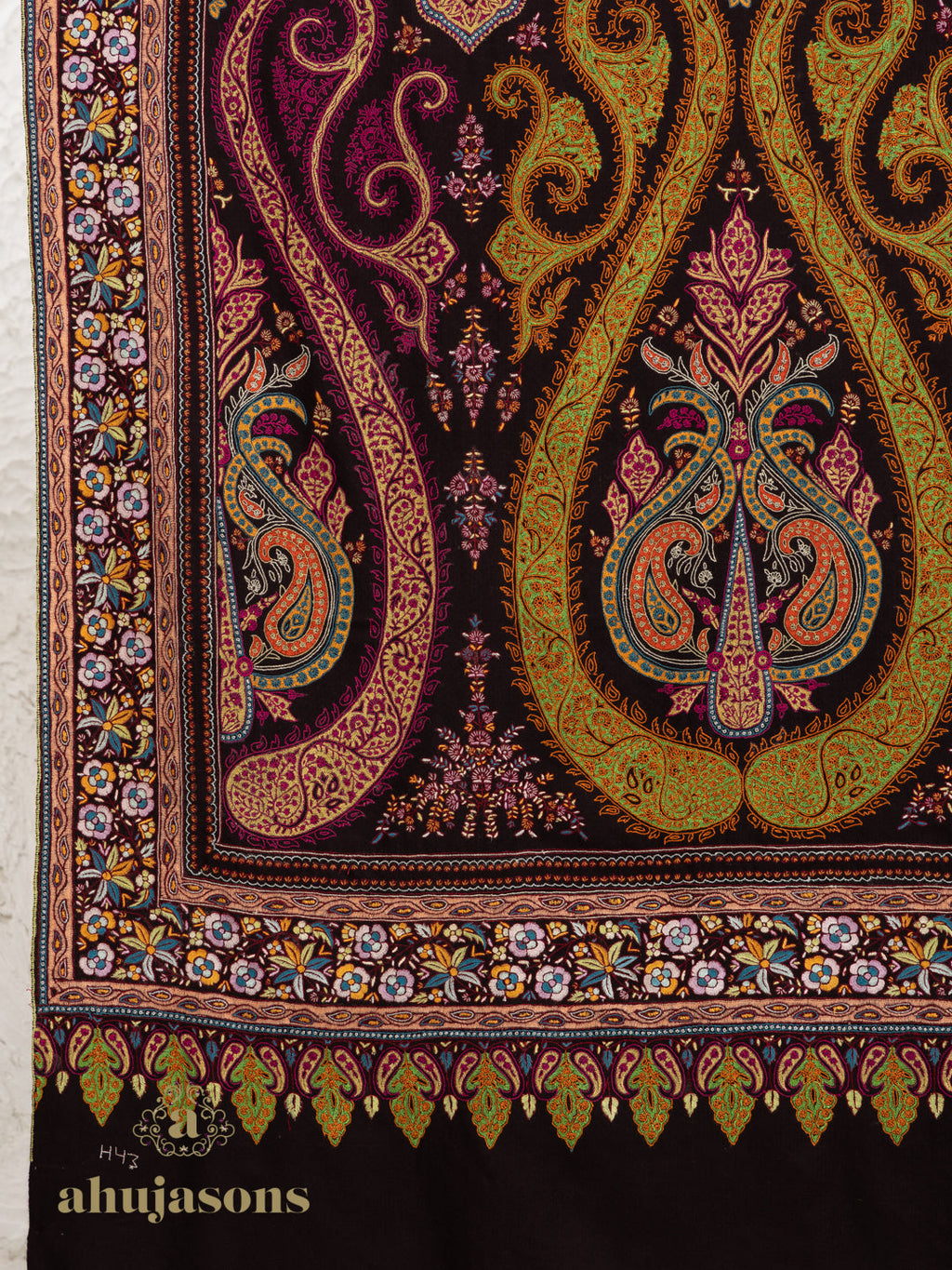 Black Handloom Pure Pashmina Shawl featuring delicate Paper Mache Jaal Embroidery