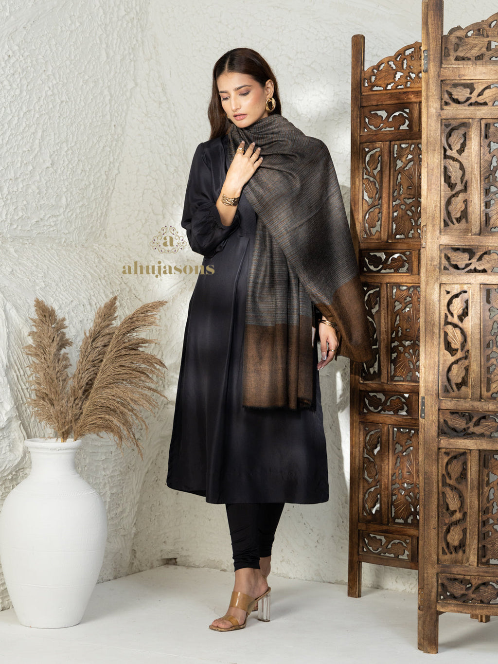 Brown Handloom Pure Pashmina Shawl accented by ornate Ekat