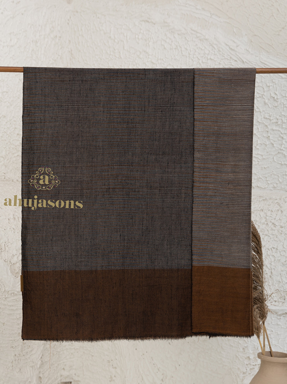 Brown Handloom Pure Pashmina Shawl accented by ornate Ekat