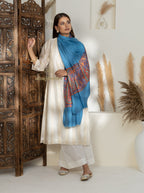 Deep Sky Blue Handloom Pure Pashmina Shawl adorned with ornate Paper Mache Jaal Embroidery