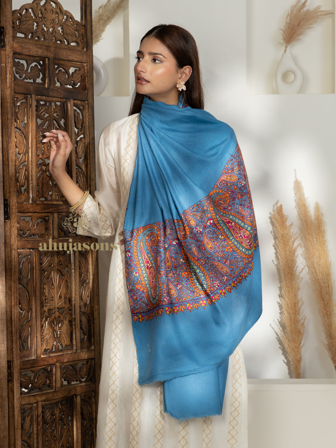 Deep Sky Blue Handloom Pure Pashmina Shawl adorned with ornate Paper Mache Jaal Embroidery
