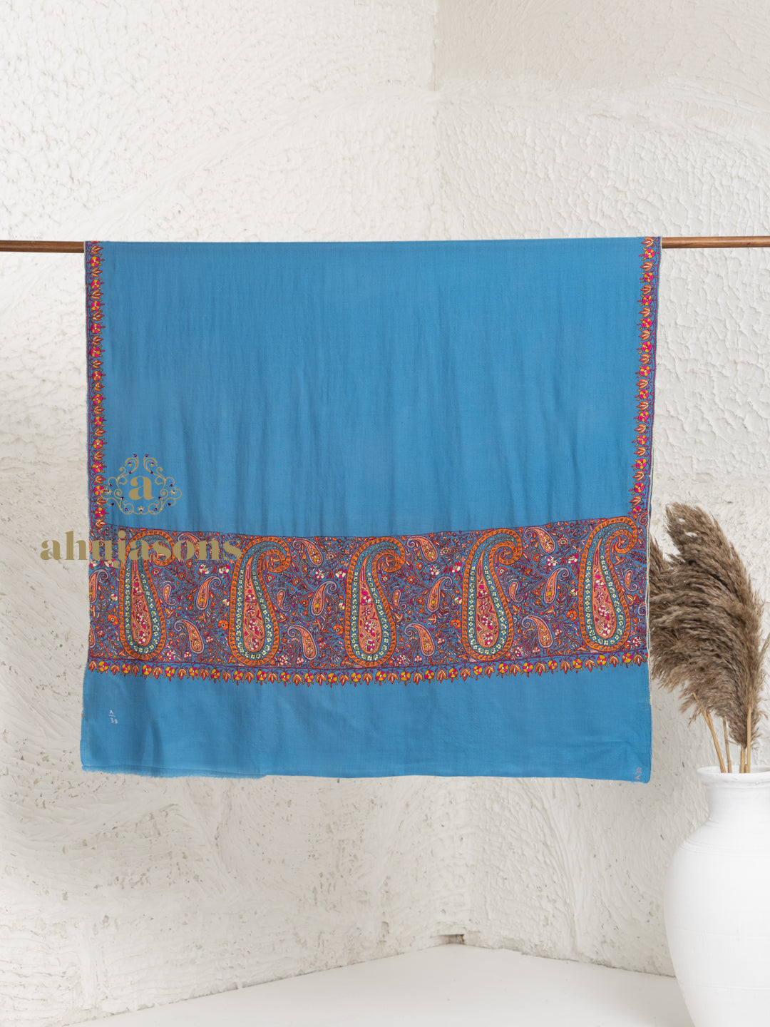 Deep Sky Blue Handloom Pure Pashmina Shawl adorned with ornate Paper Mache Jaal Embroidery