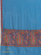 Deep Sky Blue Handloom Pure Pashmina Shawl adorned with ornate Paper Mache Jaal Embroidery