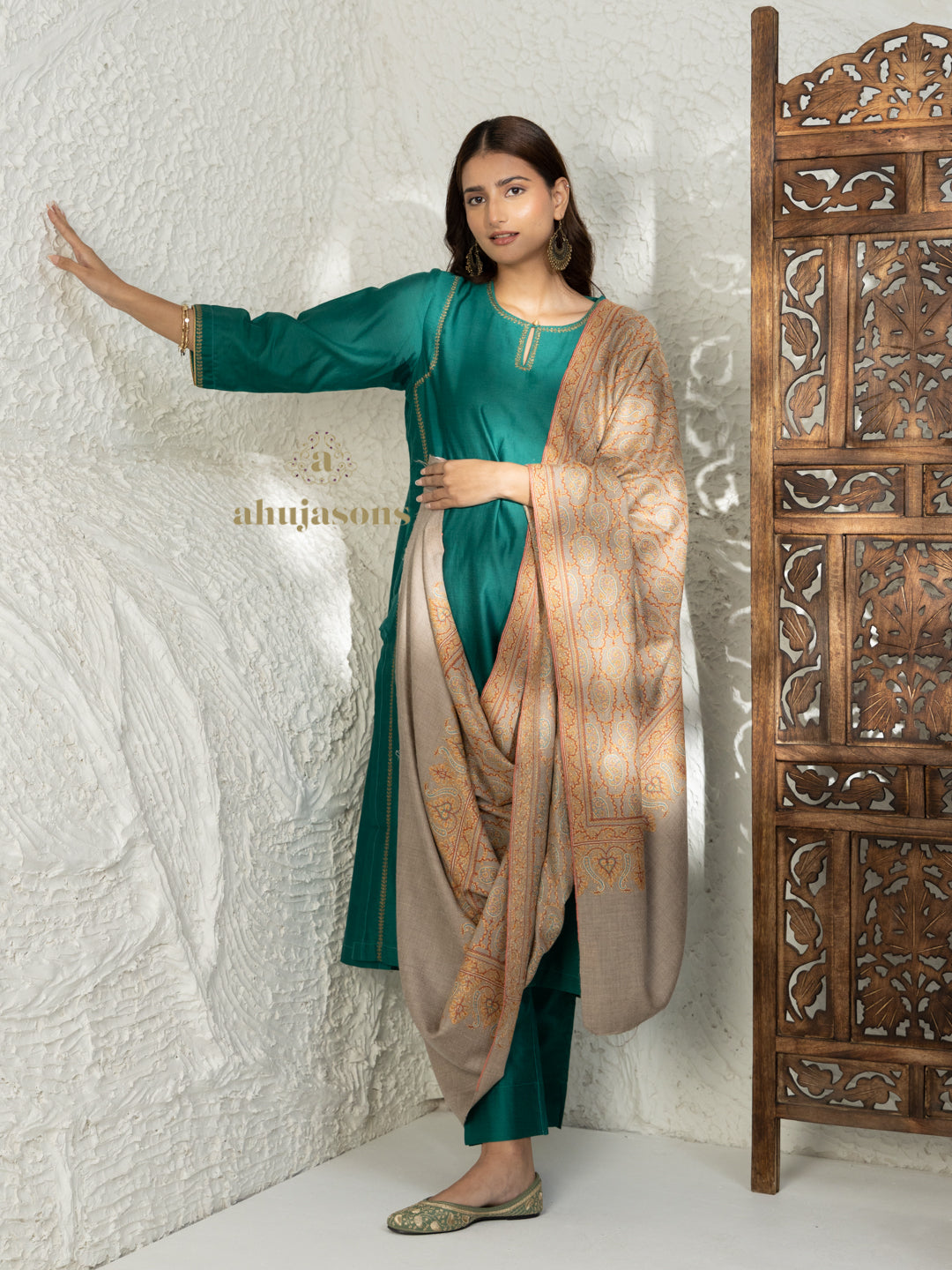 Beige Handloom Pure Pashmina Shawl — Jama in elegant finish